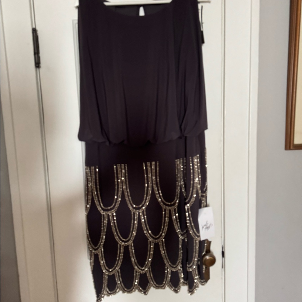 Betsy & Adam Black Mini dress with metallic Beading Made in USA